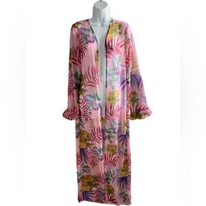 ICON SWIM Cover-up Dress Pink Floral   Kimono Long Sleeve Ruffle Arm Size L.